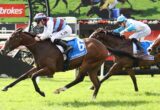 Two jockeys ride racehorses at a track, with a blue saddle cloth labeled 6 in the foreground and a Ladbrokes banner in back.