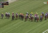 Horse race on green turf at Royal Ascot; pack of jockeys in colorful silks mid-race with on-screen timer 0:38.53 and 41 mph.
