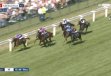 Group of racehorses with jockeys in colorful silks sprint along a grassy track beside a white railing, crowds watching in the background.