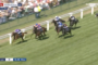Group of racehorses with jockeys in colorful silks sprint along a grassy track beside a white railing, crowds watching in the background.