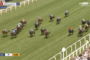 Horse race at Royal Ascot on a grassy track, a pack of jockeys riding horses close together, spectators along the white railing, with on-screen overlays: Live, 3.05 Royal Ascot, 6f, time 01:05.48, speed 38 mph, Sky Sports Racing logo