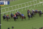 Horses with jockeys racing on a green turf track near a white railing; group chasing toward the finish in a crowded field at Eagle Farm, 180m to go (time 1:07.25).