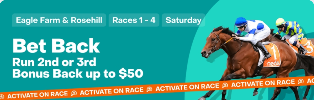 Banner for Eagle Farm & Rosehill Races 1β4 Saturday: Bet Back up to $50 for 2nd/3rd place, with 'Activate on Race' bar.