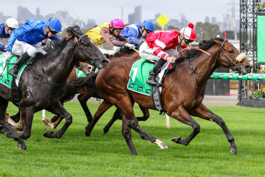 FONTEIN JEWEL (10) | Just Horse Racing Group of thoroughbreds galloping at full speed during a horse race, jockeys in bright silks leaning forward on the track.