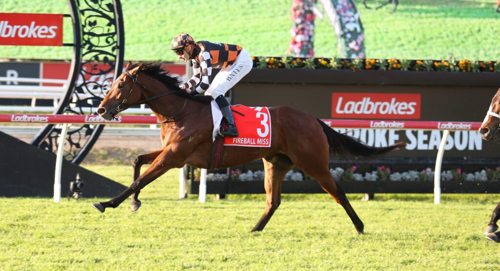 Jockey in orange‑black checkered silks riding a brown horse with a red saddlecloth number 3 (Fireball Miss) mid-jump at a Ladbrokes-sponsored racecourse with banners in the background.