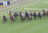 Group of jockeys riding thoroughbreds on a green turf racecourse, galloping toward the bend on a sunny day.