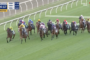 Group of jockeys riding thoroughbreds on a green turf racecourse, galloping toward the bend on a sunny day.
