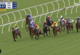 Group of thoroughbred horses racing on a green turf track around a bend, jockeys in colorful silks, white rail fence on left.