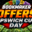 Bright promotional banner for Boomaker Offers Ipswich Cup Day, with stacked colorful banknotes, large orange 'OFFERS' text, bold white 'BOOMAKER', and stadium lights in the background.