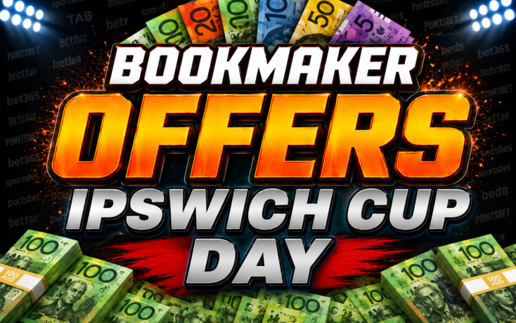 Bright promotional banner for Boomaker Offers Ipswich Cup Day, with stacked colorful banknotes, large orange 'OFFERS' text, bold white 'BOOMAKER', and stadium lights in the background.
