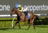 Bay racehorse with a jockey in yellow helmet and checkered silks, number 9, sprinting on a grassy track.