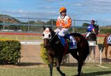 Jockey in orange and white silks riding a dark horse at a racetrack, with another rider in blue nearby and a blue sky above.