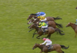 Horses and jockeys race on a green turf track, several in front with colorful silks, photo captures a sprint to the finish line