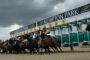 Horses and jockeys burst from the starting stalls at Kempton Park racecourse under dark clouds. ','Group of horse racers at the Kempton Park starting line, riders leaning forward as they speed off. ','Starting gates at Kempton Park with yellow numbered panels and jockeys on sprinting horses. ','Jockeys in colorful silks race from the gates at Kempton Park while a spectator stands nearby. ','Overhead view of a horse race launch at Kempton Park with a cloudy sky.