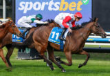 Three jockeys in colorful silks race side by side on galloping horses over a grassy turf track.