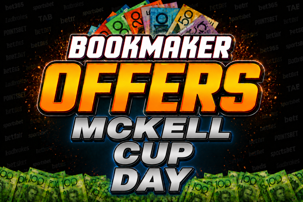 Bold promotional graphic: 'BOOKMAKER OFFERS' with huge orange lettering and 'MCKELL CUP DAY' below, surrounded by money and sparks.