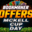 Bold promotional graphic: 'BOOKMAKER OFFERS' with huge orange lettering and 'MCKELL CUP DAY' below, surrounded by money and sparks.