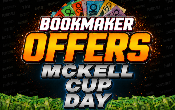 Bold promotional graphic: 'BOOKMAKER OFFERS' with huge orange lettering and 'MCKELL CUP DAY' below, surrounded by money and sparks.
