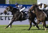 Two jockeys ride their racing horses side by side on a grass track during a race, with the lead horse pulling ahead.