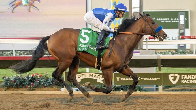 Horse racing action: bay horse with green number-5 saddle cloth, jockey in blue-and-white silks riding on dirt track toward finish line in oval course.