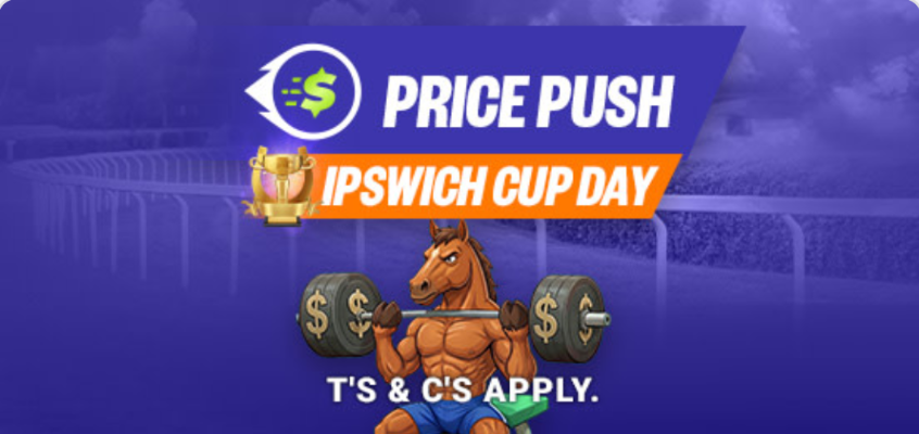 SAT RACING PRICE PUSH | Just Horse Racing Promo banner for Price Push Ipswich Cup Day with a strong cartoon horse lifting a barbell and a trophy.