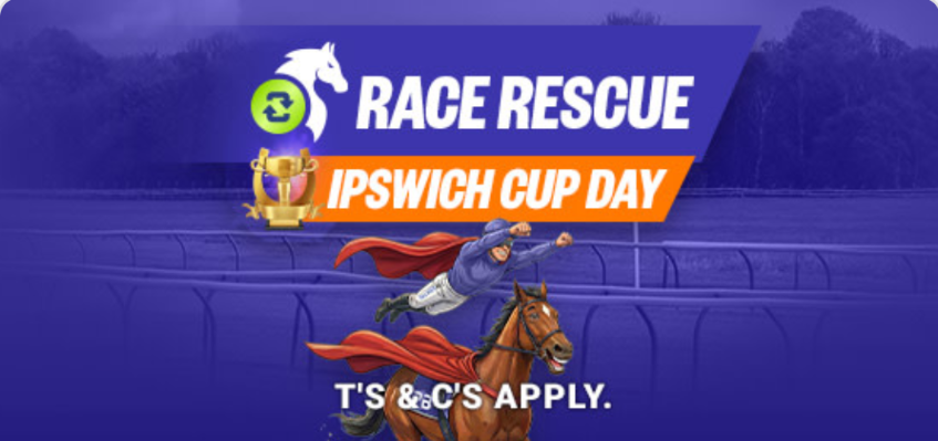 SAT RACING RACE RESCUE | Just Horse Racing Promotional banner for Race Rescue Ipswich Cup Day with a horse and jockey, trophy, and bold text on a blue background.
