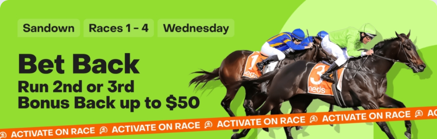 Bright green promo banner for Sandown horse racing: 'Races 1–4' on Wednesday, advertising 'Bet Back' with 'Run 2nd or 3rd, Bonus Back up to ' and an orange 'Activate on Race' strip across the bottom showing racing horses.