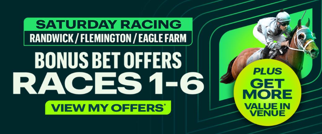 Saturday Racing Offer | Just Horse Racing Promotional banner for Saturday horse racing with locations Randwick, Flemington, Eagle Farm; offers bets on races 1–6; includes a neon 'View My Offers' button and a jockey on a horse on the right.