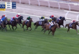 Group of thoroughbred horses and jockeys race on a green turf track with colorful silks; 170m to go shown on the scoreboard.