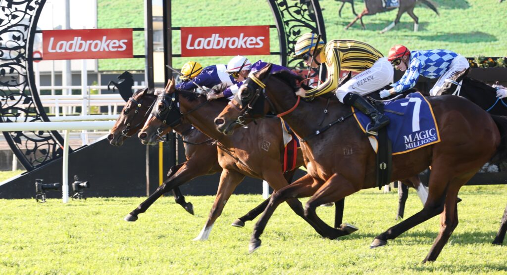 A group of jockeys riding racing horses in a tight sprint, leaning forward as they race toward the finish with Ladbrokes banners in the background.