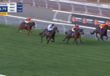 Horse race on a grass track with four jockeys sprinting; leader in orange, others close behind; signage shows 160m to go (Flemington R2).