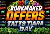 Bold bookmaker offers banner with 'BOOKMAKER OFFERS' and 'TATTS TIARA DAY' surrounded by cash.