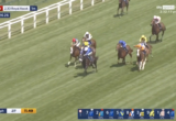 Jockeys race on a grassy track during a live horse race at Royal Ascot, with on-screen live banner and time.