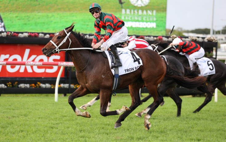 Jockey in green and red silks rides a galloping brown horse during a horse race on a green turf track, with other racers close behind and sponsor banners in the background.