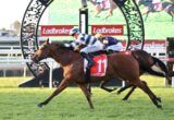 Two jockeys race a brown horse to the finish on a green turf, with Ladbrokes banners in the background.