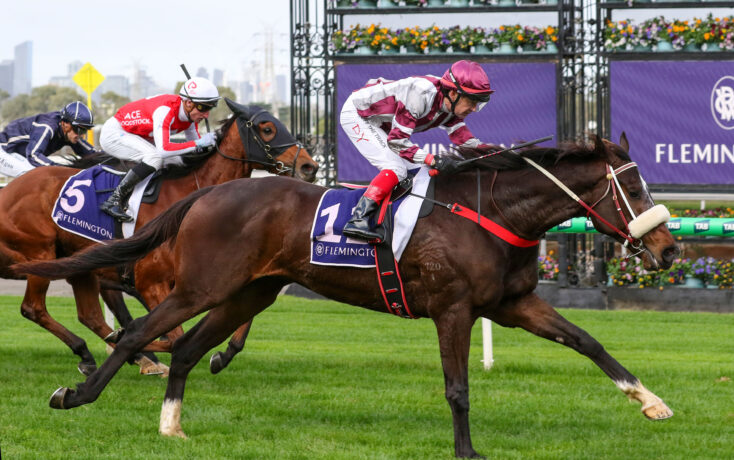 Jockeys aboard galloping horses on a green turf track with a purple Flemington banner in the background.