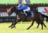 Two jockeys race a dark horse on a green turf track, close to the finish line, rider in blue silks on horse #3.”