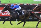 Jockey in blue leans forward on a dark horse with number 4, racing a rival on a sunny track. Audience and banners visible in background.