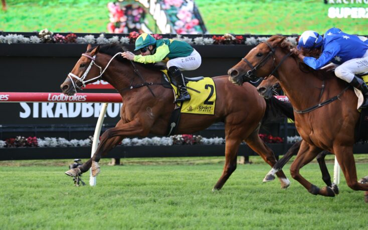 Two jockeys ride their horses at full speed on a racetrack, crossing the finish rail with colorful silks (green-yellow vs blue). This close race shows riders leaning forward in a sprint.
