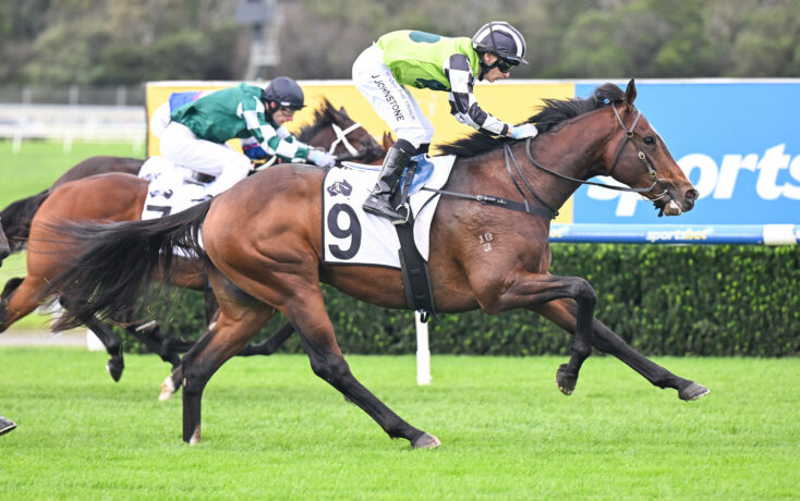 Jockey in neon-green silks crouches forward on a brown horse during a turf horse race.