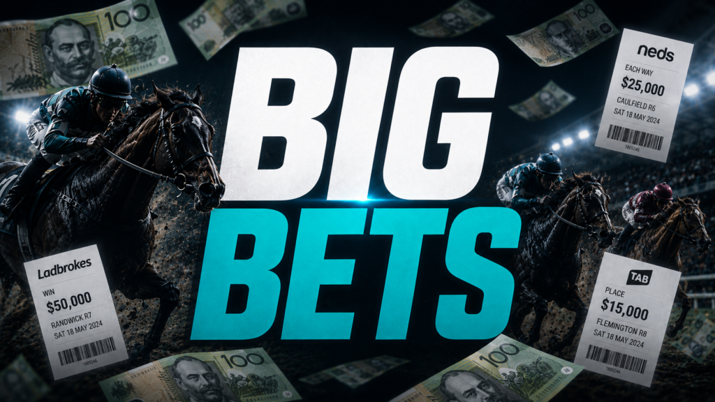 big-bets | Just Horse Racing Dynamic horse racing collage with flying money and betting slips around a large 'BIG BETS' title.