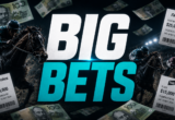 Dynamic horse racing collage with flying money and betting slips around a large 'BIG BETS' title.