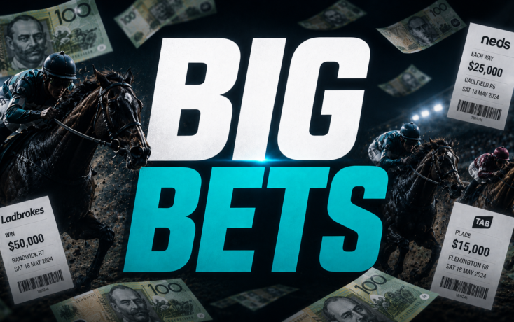 Dynamic horse racing collage with flying money and betting slips around a large 'BIG BETS' title.