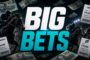 Dynamic horse racing collage with flying money and betting slips around a large 'BIG BETS' title.