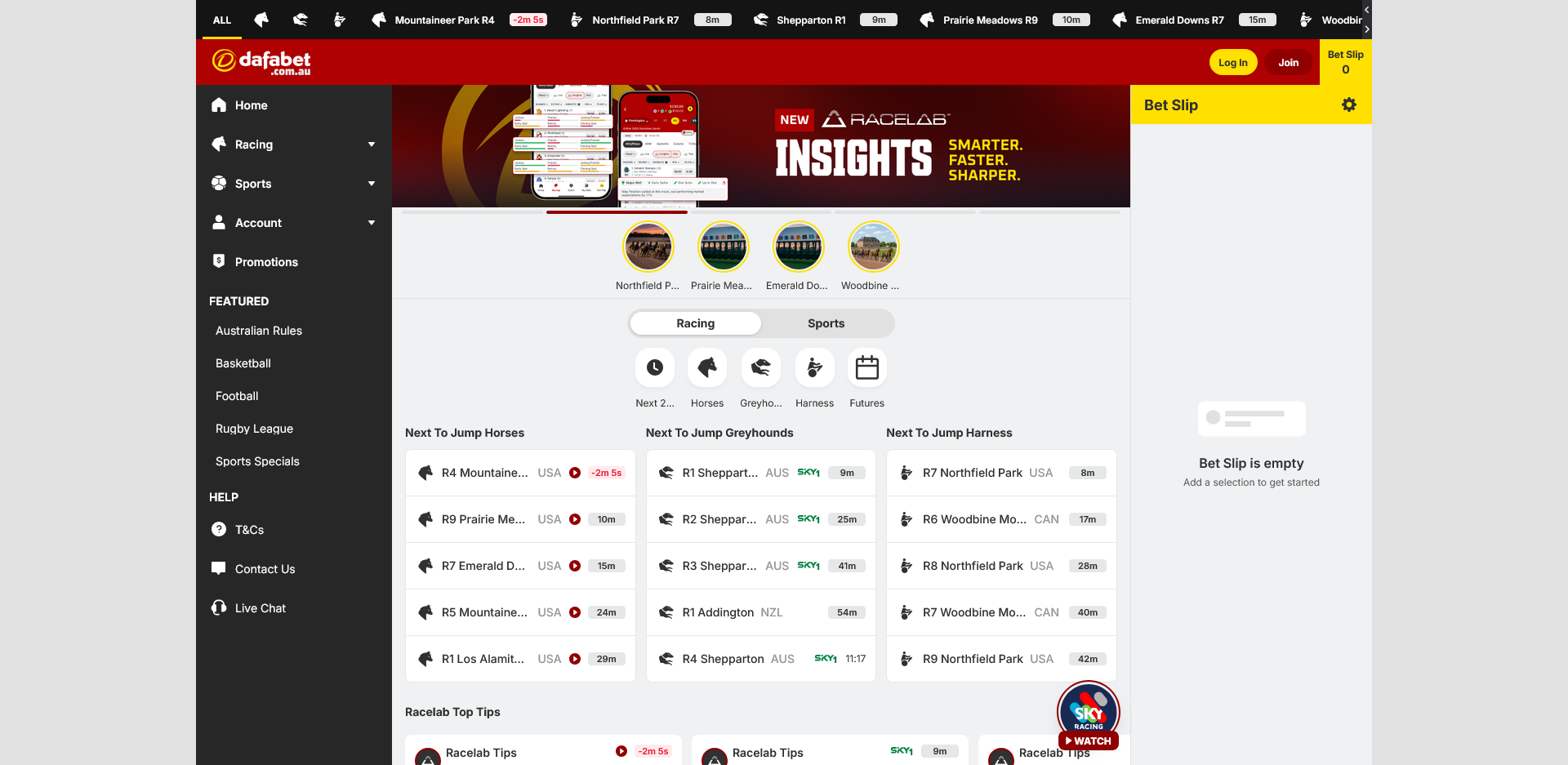 Dafabet racing webpage layout: dark left navigation with icons, red header, large banner area, circular location icons, and a gray content area featuring tabs for Racing and Sports, followed by card lists titled Next To Jump Horses, Greyhounds, and Harness, with a yellow Bet Slip panel on the right.