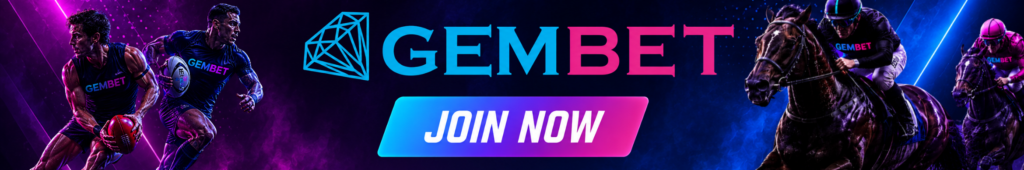 gembet-hero | Just Horse Racing GEMBET promotional banner with neon athletes racing each other and a blue-pink Join Now button in the center.