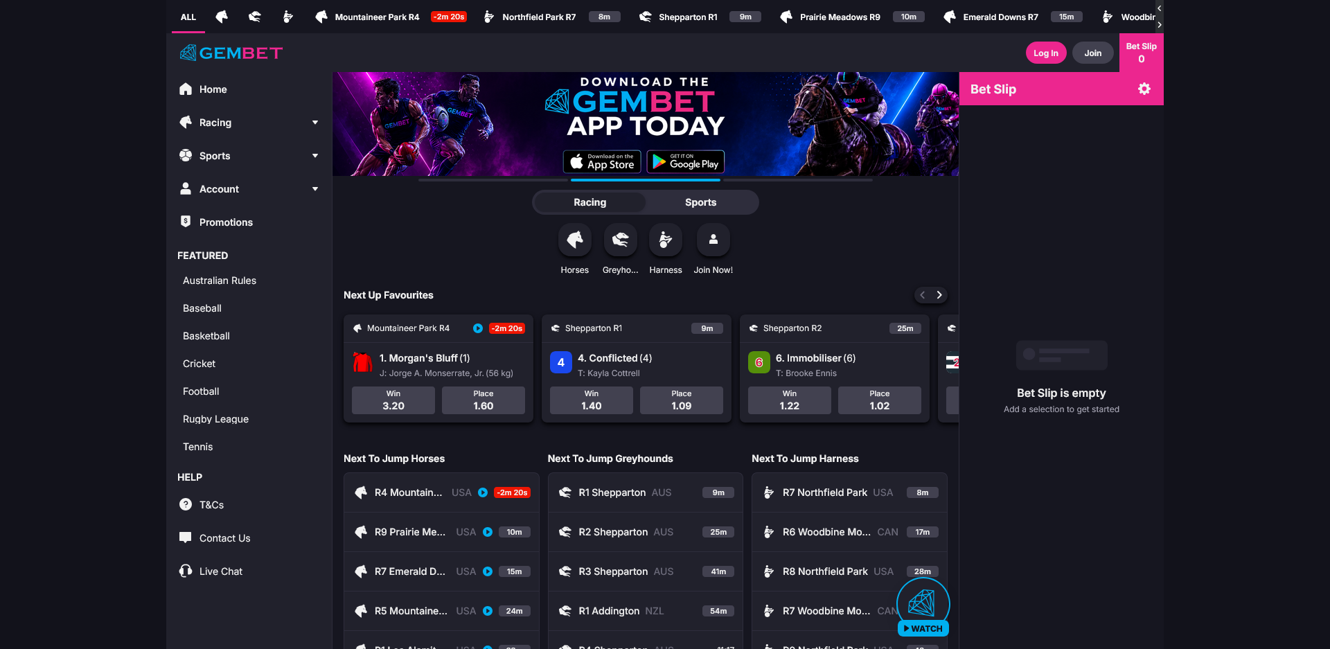 Dark themed GemBet dashboard screenshot showing left navigation menu, a wide banner, and multiple 'Next Up' betting cards with events and odds (Racing, Sports).