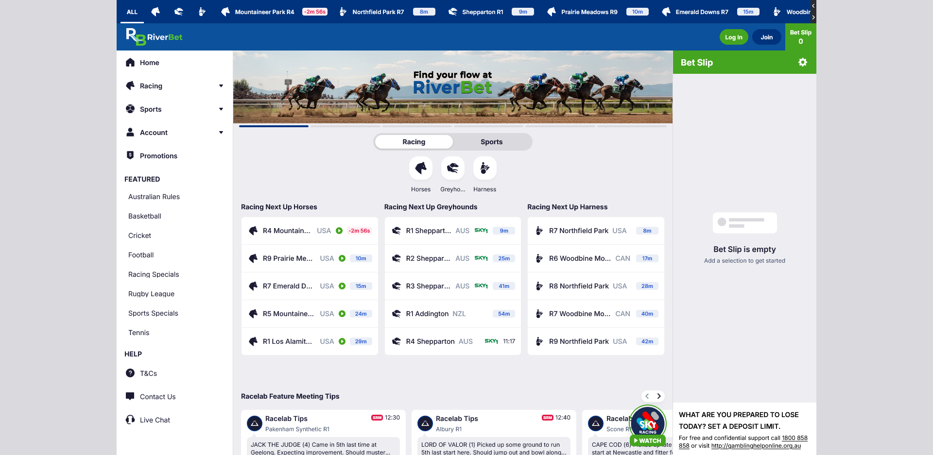 RiverBet homepage with left navigation, blue header, and a wide horse-racing banner; central content shows Racing and Sports tabs with three columns of race cards and a right Bet Slip panel (empty).