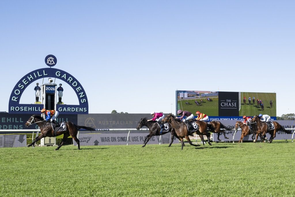 2325018.jpg | Just Horse Racing Horse race at Rosehill Gardens with jockeys on galloping horses and a large scoreboard in the background