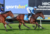Two jockeys ride galloping horses during a race at Caulfield, with a large blue 'sportsbet' sign in the background.